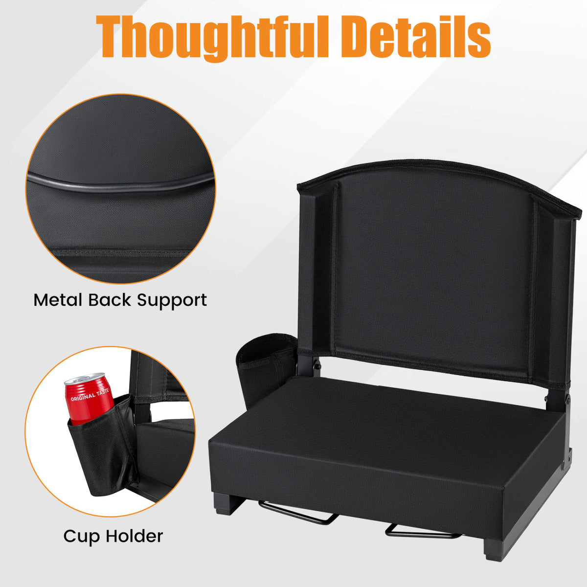 Portable Folding Bleacher Chair with Thick Padded Cushion  Removable Shoulder Strap-Black