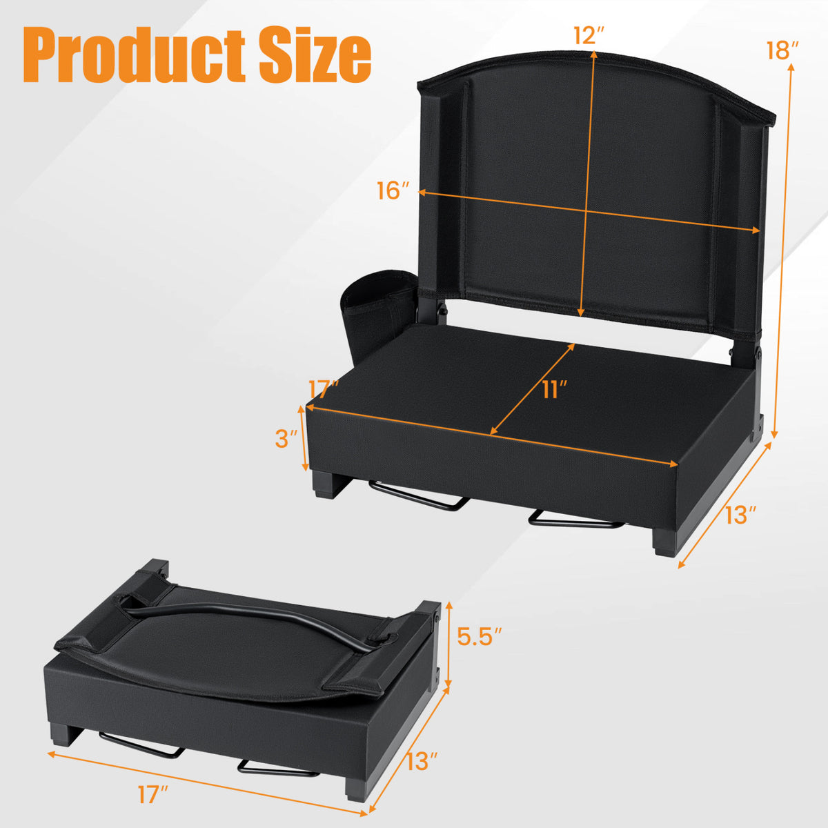 Portable Folding Bleacher Chair with Thick Padded Cushion  Removable Shoulder Strap-Black