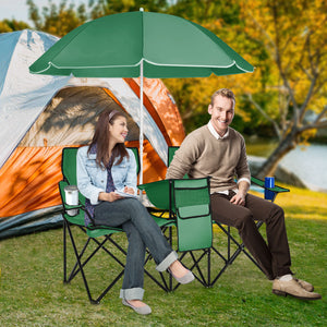 Portable Folding Picnic Double Chair With Removable Umbrella-Green