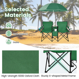 Portable Folding Picnic Double Chair With Removable Umbrella-Green