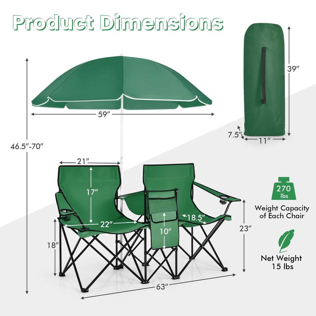 Portable Folding Picnic Double Chair With Removable Umbrella-Green