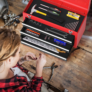 Portable Garage Mechanic Tool Cabinet Box with 3 Drawers-Black & Red