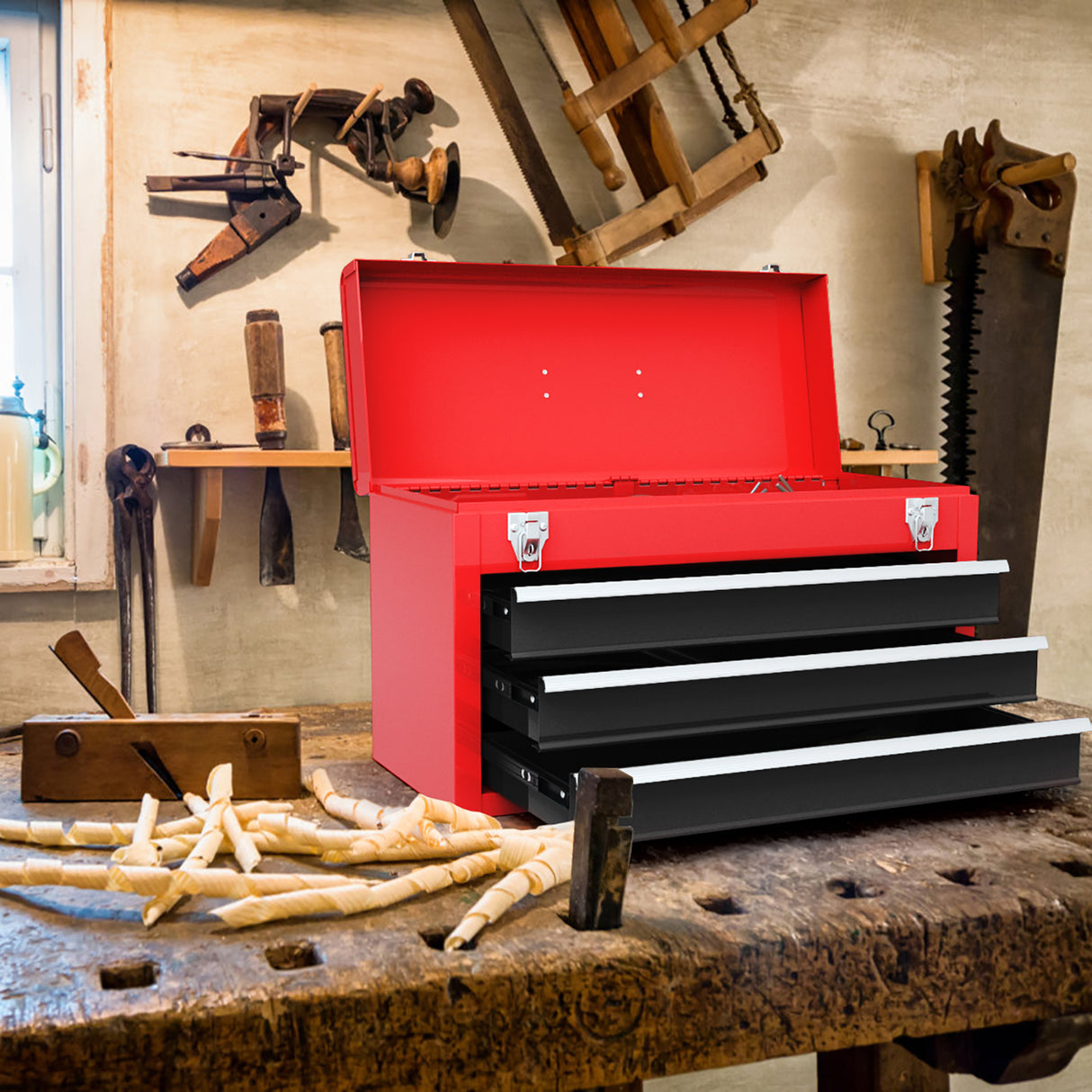 Portable Garage Mechanic Tool Cabinet Box with 3 Drawers-Black & Red
