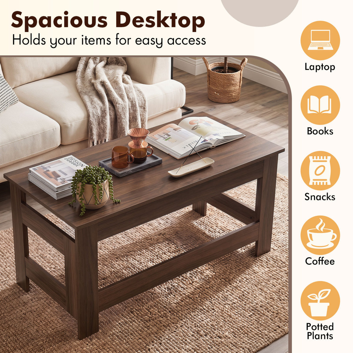 Portable Low Floor Table with Foldable Legs for Living Room-Brown