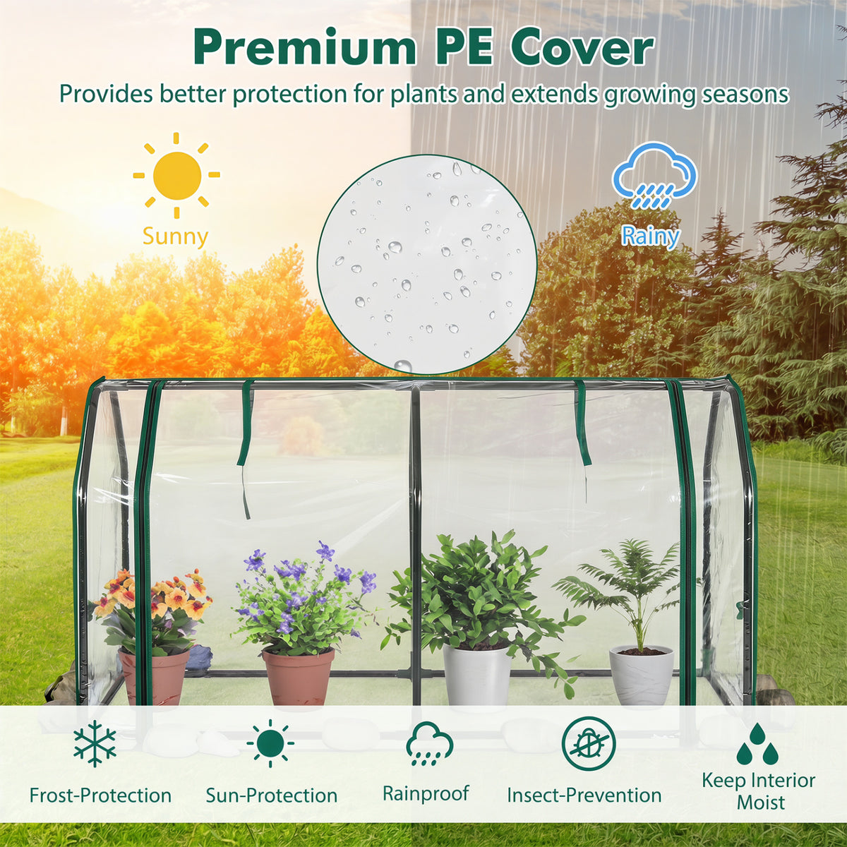 Portable Mini Greenhouse with PE Cover and Zippered Door for Vegetables-Green