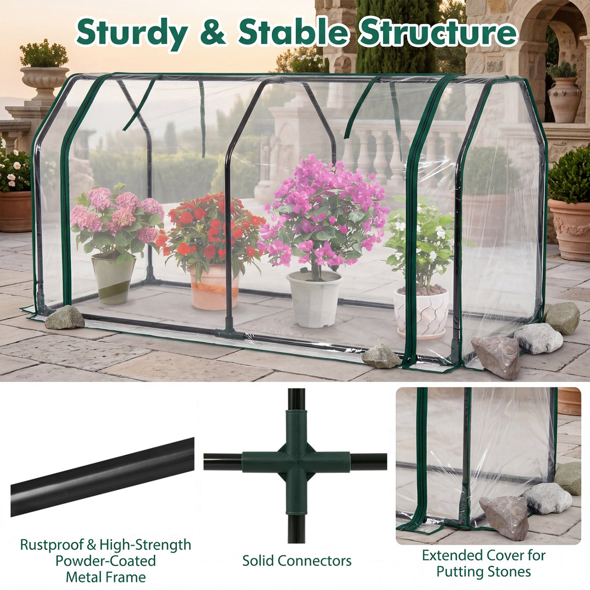 Portable Mini Greenhouse with PE Cover and Zippered Door for Vegetables-Green
