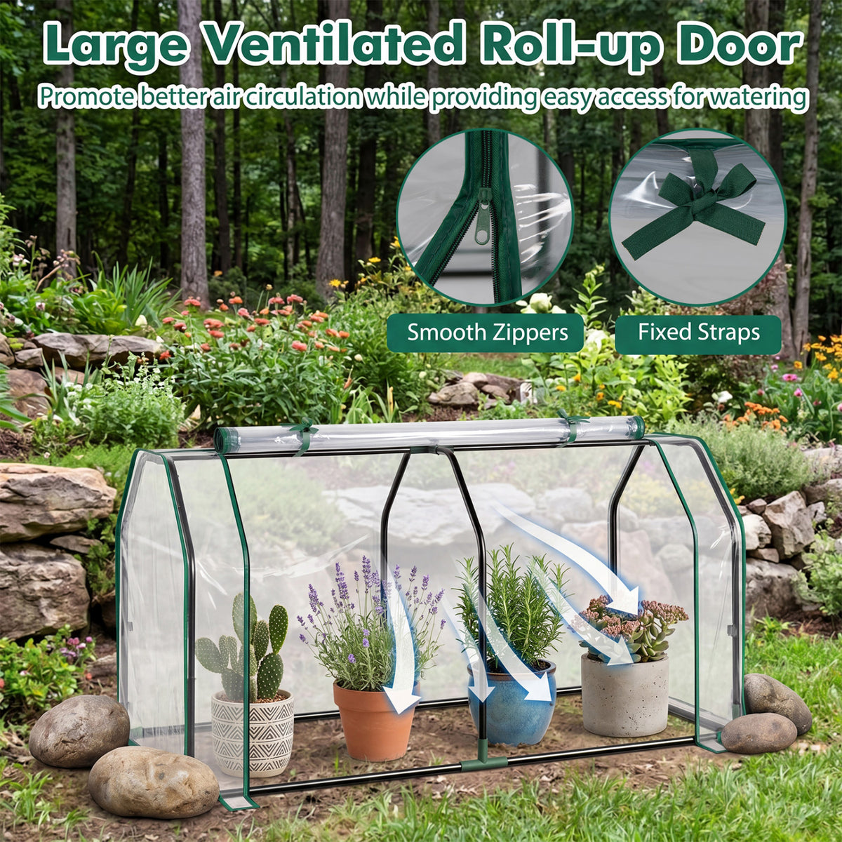 Portable Mini Greenhouse with PE Cover and Zippered Door for Vegetables-Green