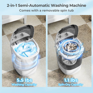 Portable Mini Semi-automatic Washing Machine with Spin Tub and Drain Hose 2.5 kg Capacity-Gray