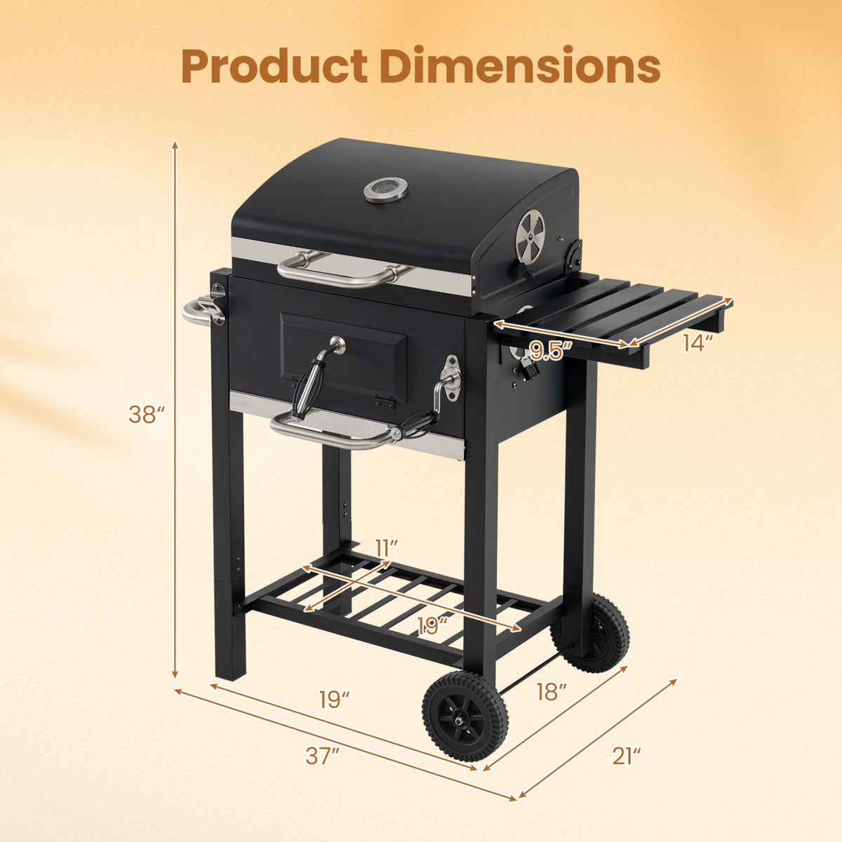 Portable Outdoor Barbecue Grill with Adjustable Charcoal Tray and Wheels-Black