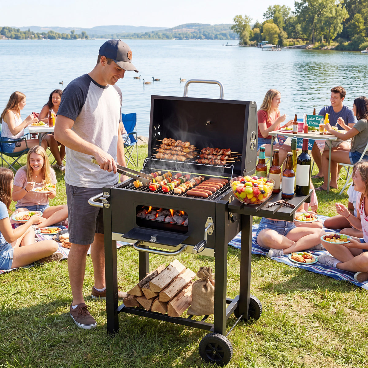 Portable Outdoor Barbecue Grill with Adjustable Charcoal Tray and Wheels-Black