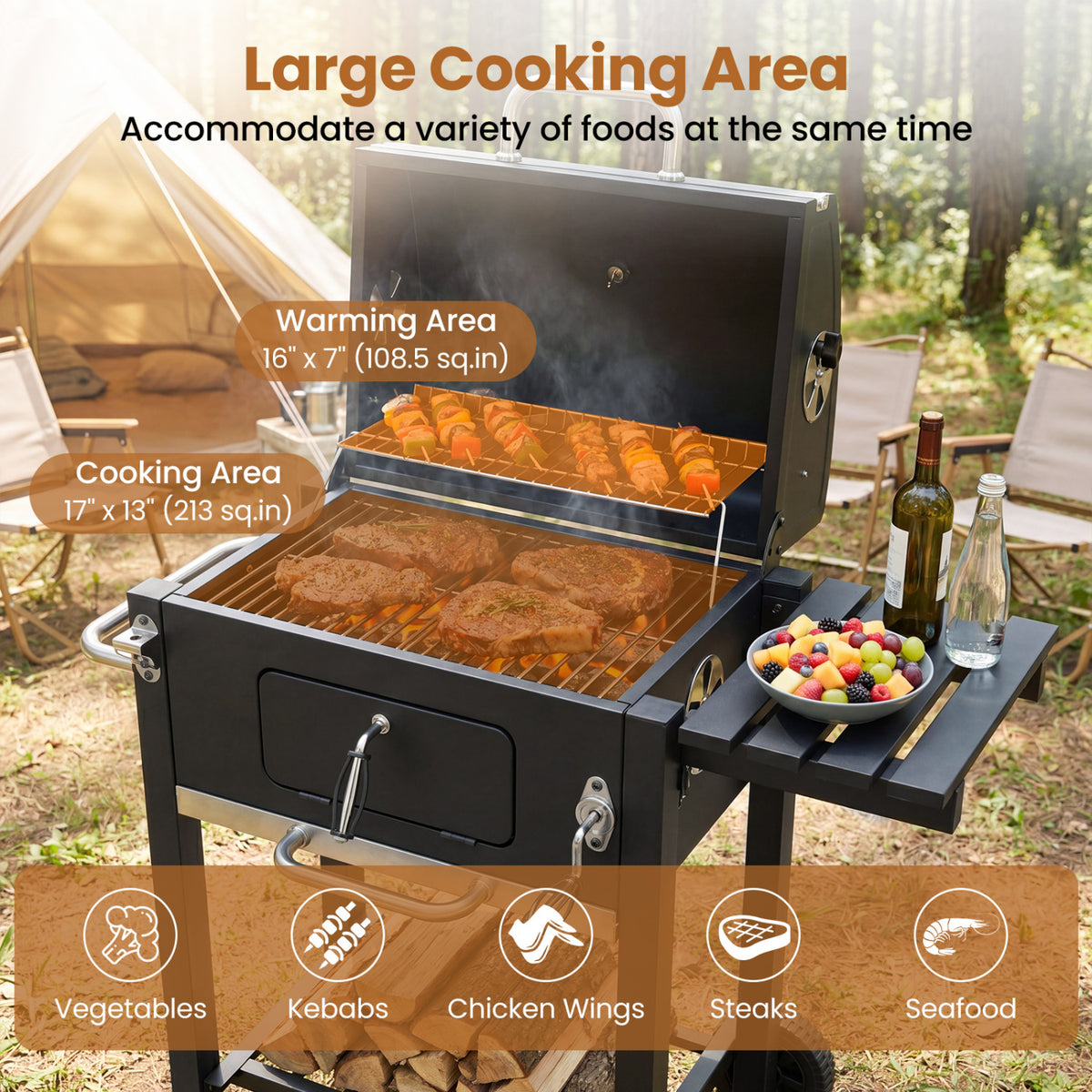 Portable Outdoor Barbecue Grill with Adjustable Charcoal Tray and Wheels-Black