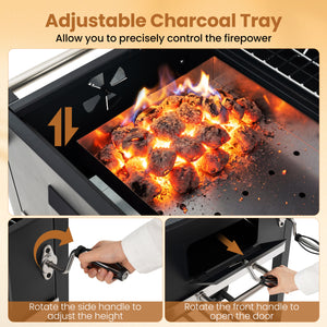 Portable Outdoor Barbecue Grill with Adjustable Charcoal Tray and Wheels-Black