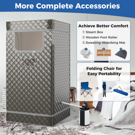 Portable Steam Sauna with 3L Steam Generator Remote Control Wood Foot Massager and Foldable Chair for Home-Gray