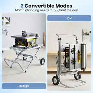 Portable Table Saw Stand Rolling Foldable Heavy Duty Metal Base with 8-Inch Rubber Wheels-Silver