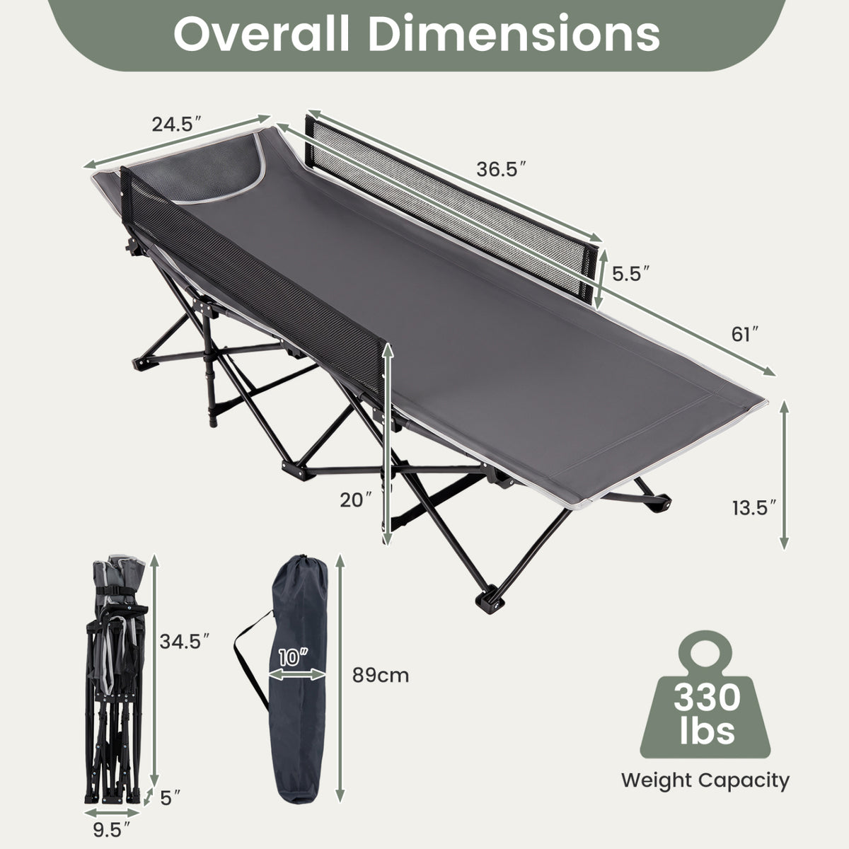 Portable Travel Toddler Cot Bed with Guardrail for Outdoor Indoor-Gray