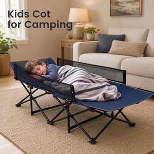 Portable Travel Toddler Cot Bed with Guardrail for Outdoor Indoor-Navy