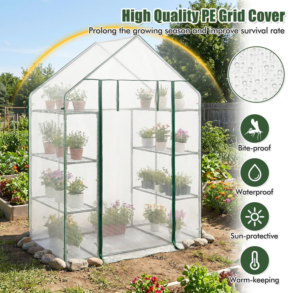 Portable Walk-in Greenhouse with 3 Tiers and 6 Shelves-White