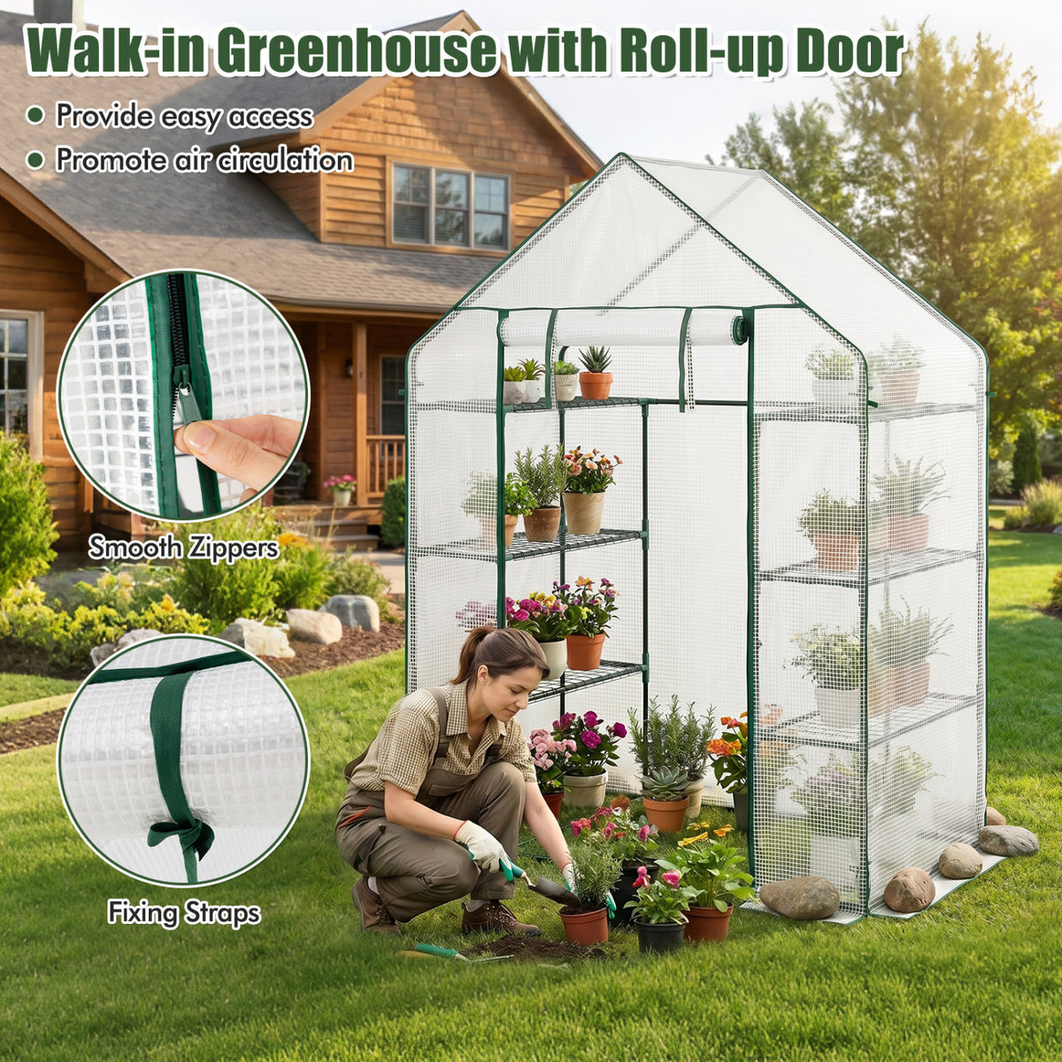 Portable Walk-in Greenhouse with 3 Tiers and 6 Shelves-White