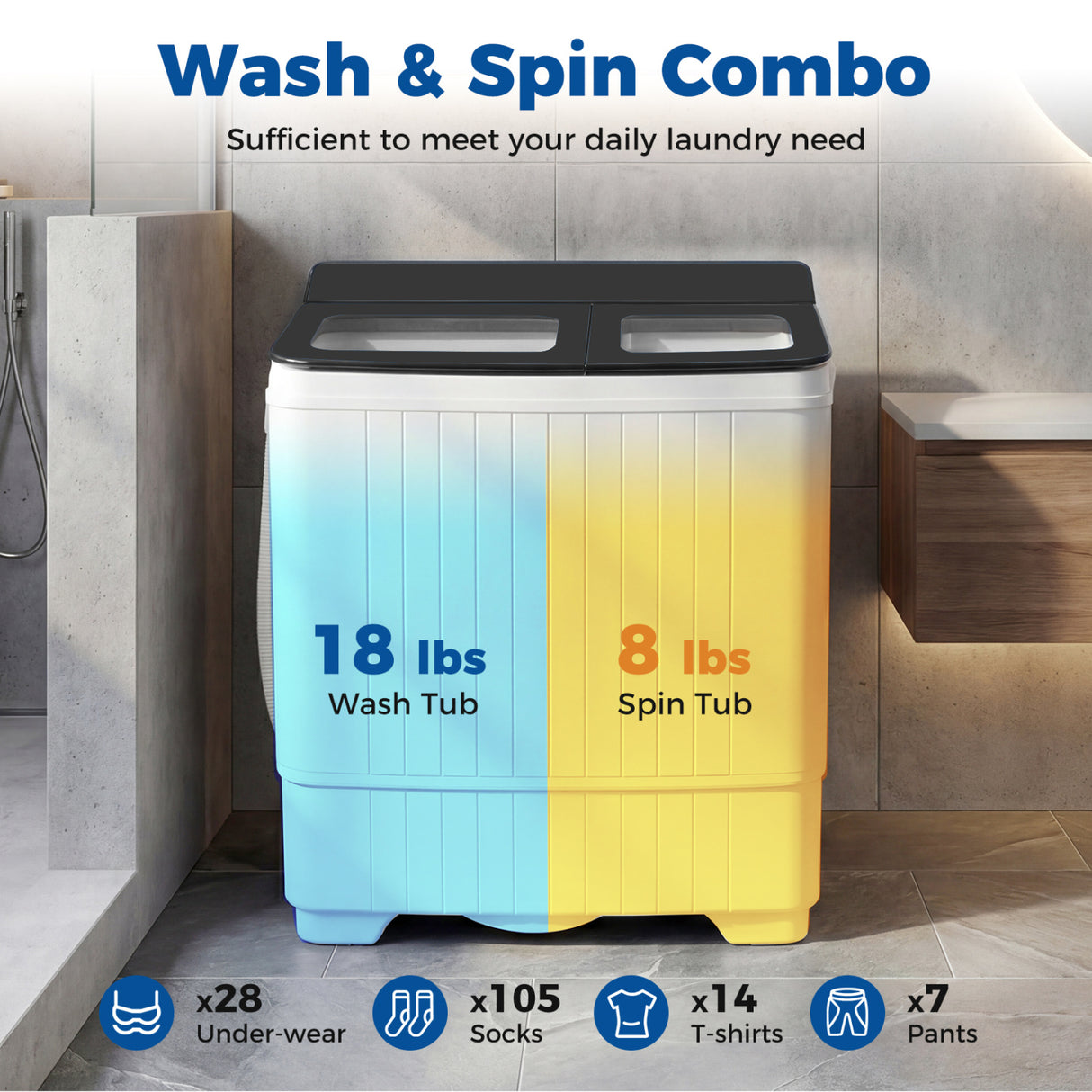 Portable Washing Machine with 18 LBS Washer and 8 LBS Spinner Combo-Gray