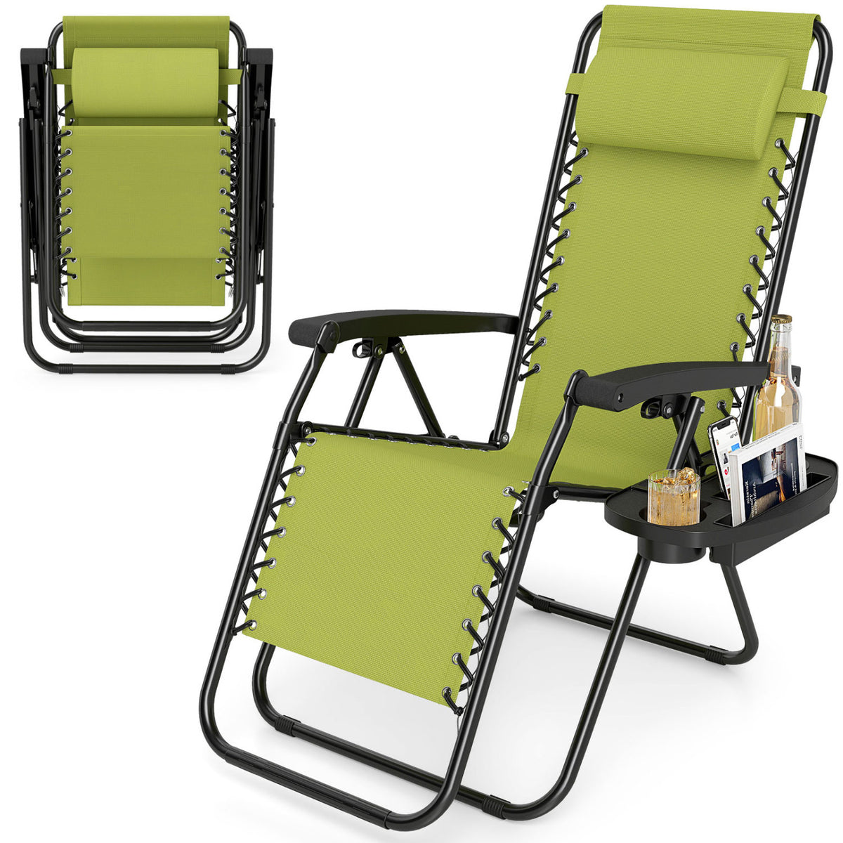 Portable Zero Gravity Chairs with Cup Holder Trays and Backrest-Green