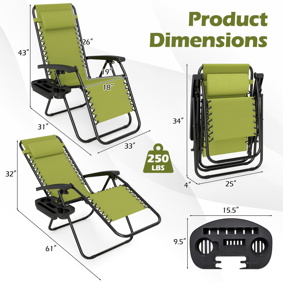 Portable Zero Gravity Chairs with Cup Holder Trays and Backrest-Green