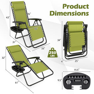 Portable Zero Gravity Chairs with Cup Holder Trays and Backrest-Green