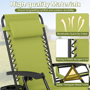 Portable Zero Gravity Chairs with Cup Holder Trays and Backrest-Green