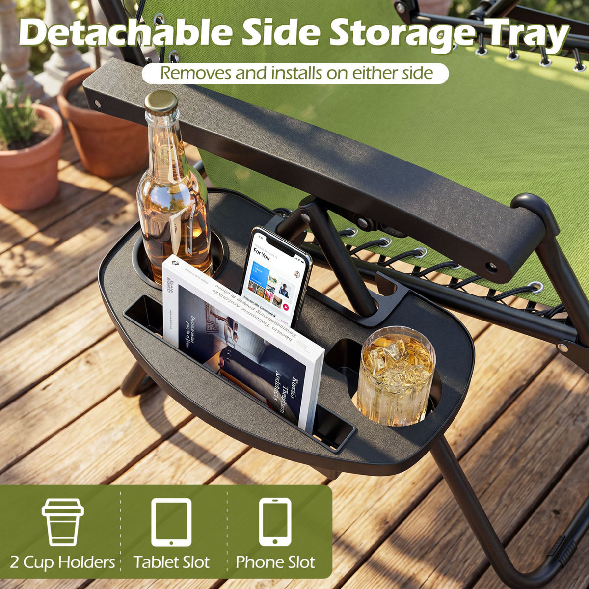 Portable Zero Gravity Chairs with Cup Holder Trays and Backrest-Green