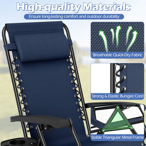 Portable Zero Gravity Chairs with Cup Holder Trays and Backrest-Navy