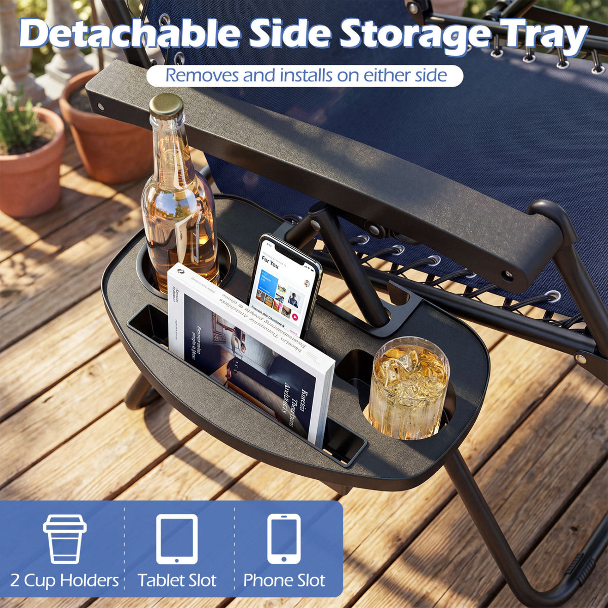 Portable Zero Gravity Chairs with Cup Holder Trays and Backrest-Navy