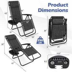Portable Zero Gravity Chairs with Cup Holder Trays and Backrest-Gray