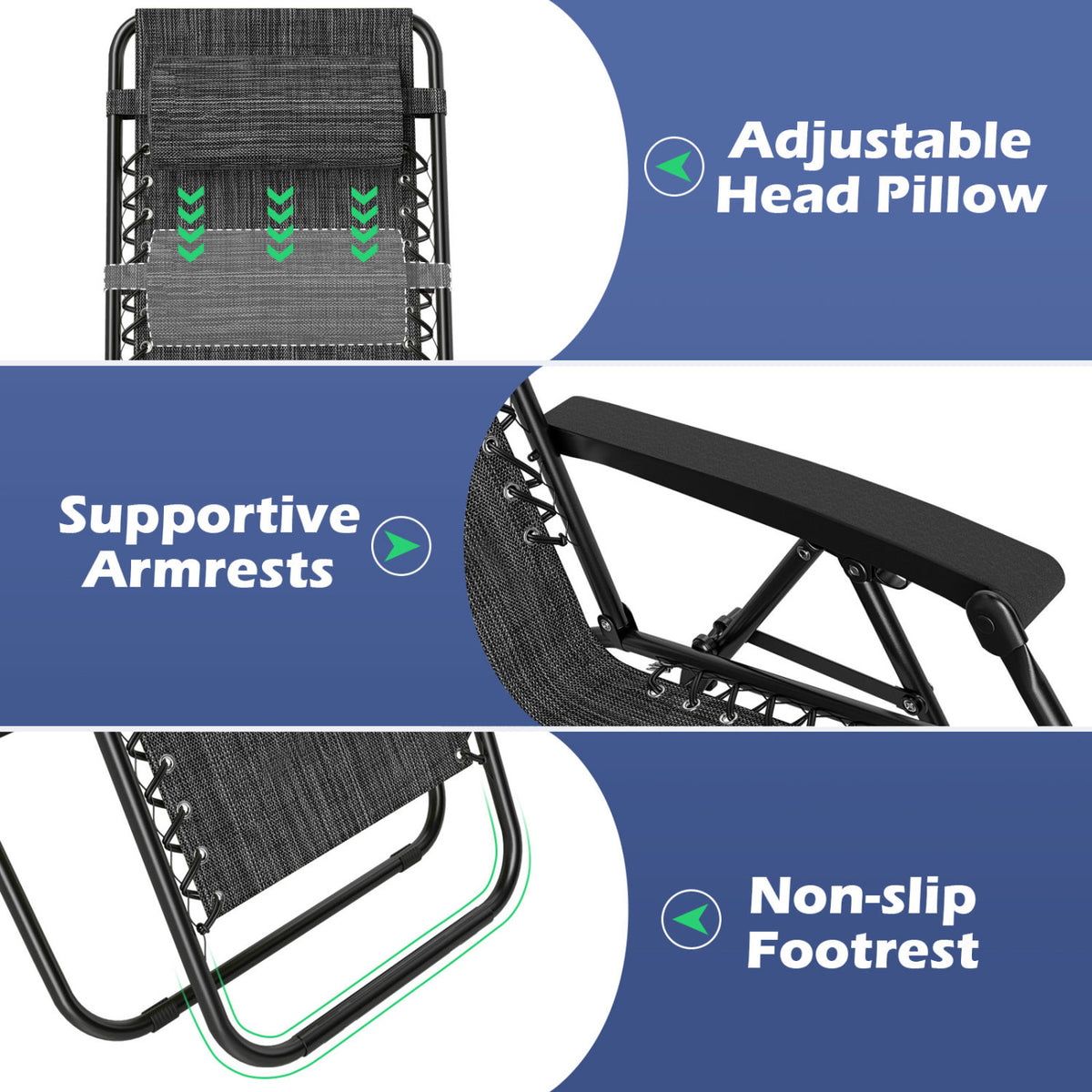 Portable Zero Gravity Chairs with Cup Holder Trays and Backrest-Gray