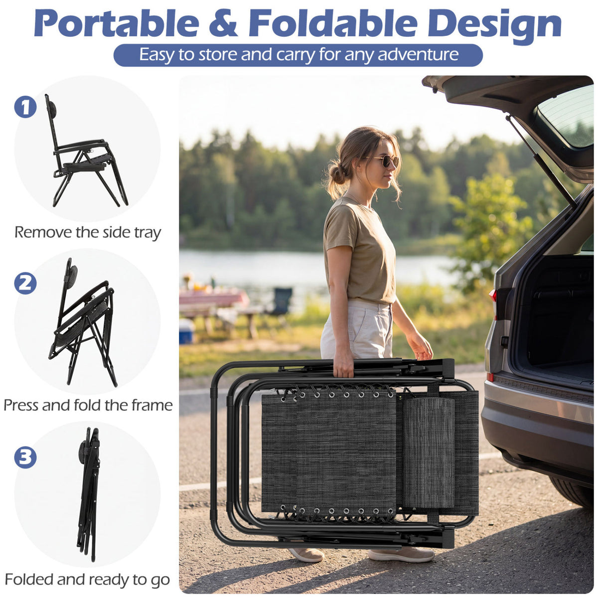 Portable Zero Gravity Chairs with Cup Holder Trays and Backrest-Gray