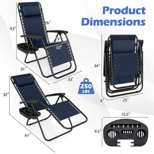 Portable Zero Gravity Chairs with Cup Holder Trays and Backrest Set of 2-Navy