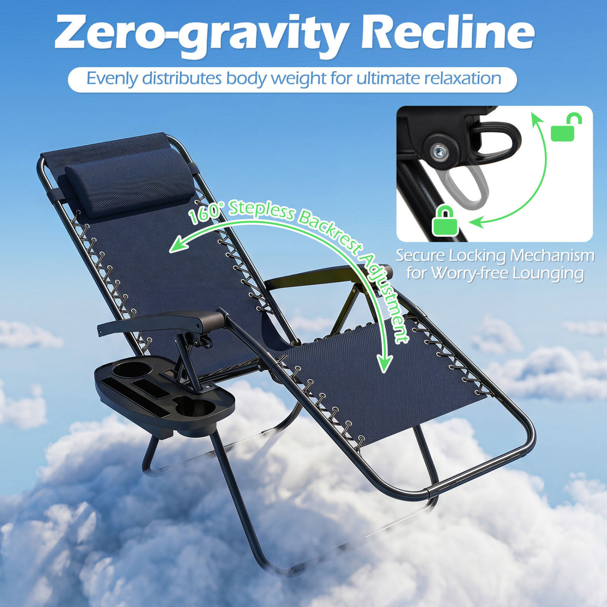 Portable Zero Gravity Chairs with Cup Holder Trays and Backrest Set of 2-Navy
