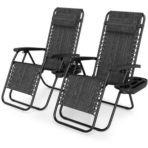 Portable Zero Gravity Chairs with Cup Holder Trays and Backrest Set of 2-Gray