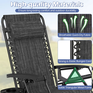 Portable Zero Gravity Chairs with Cup Holder Trays and Backrest Set of 2-Gray