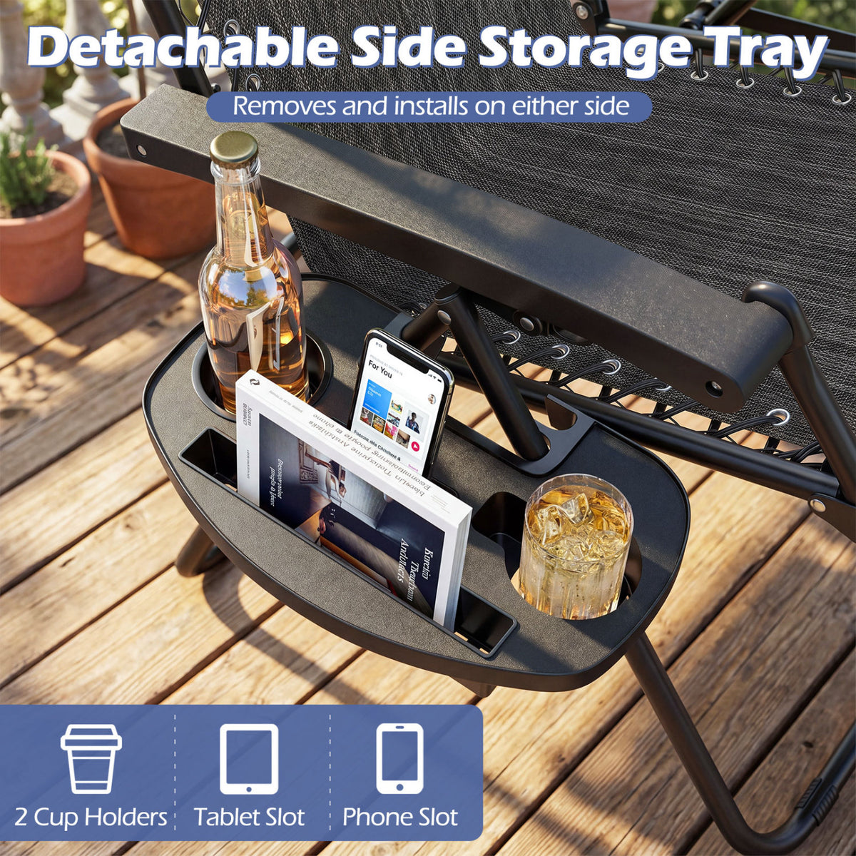 Portable Zero Gravity Chairs with Cup Holder Trays and Backrest Set of 2-Gray