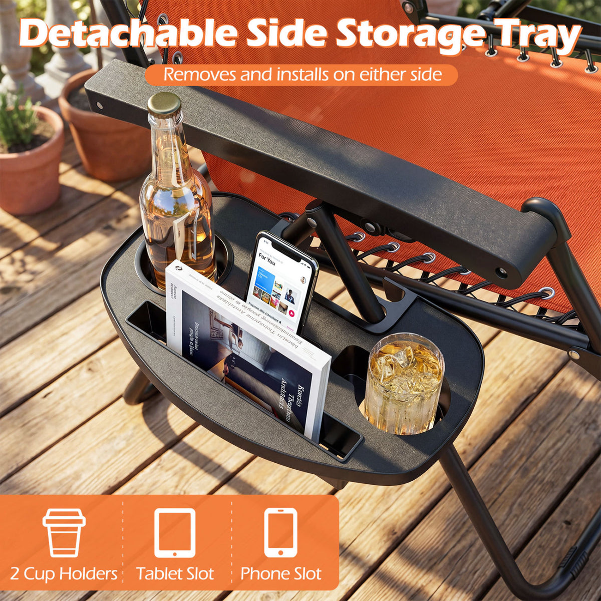 Portable Zero Gravity Chairs with Cup Holder Trays and Backrest Set of 2-Orange