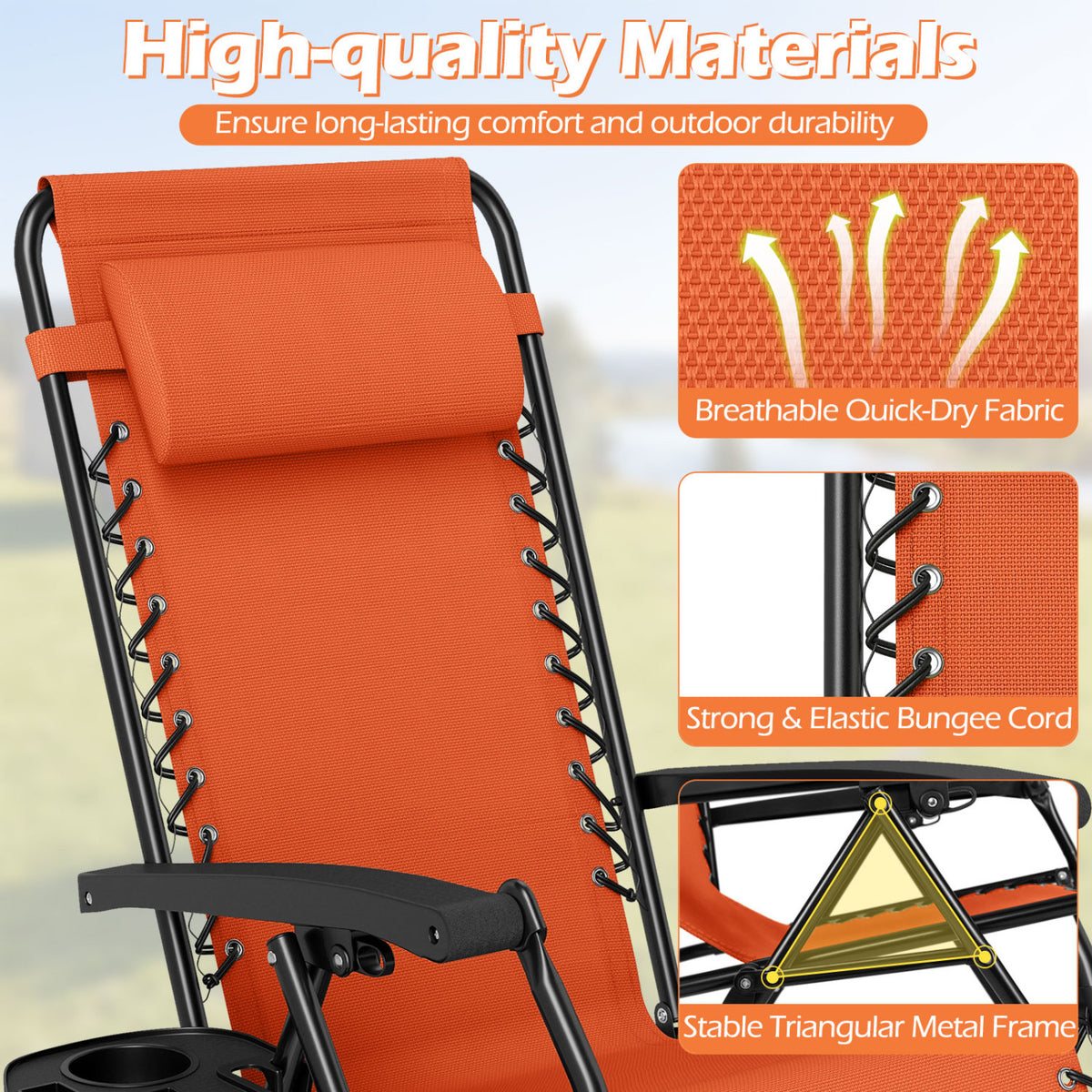 Portable Zero Gravity Chairs with Cup Holder Trays and Backrest Set of 2-Orange