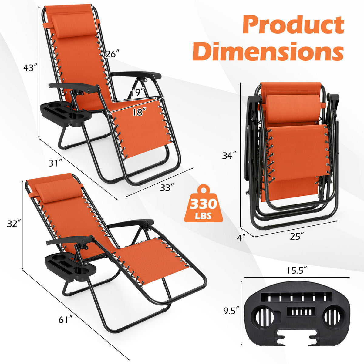 Portable Zero Gravity Chairs with Cup Holder Trays and Backrest-Orange