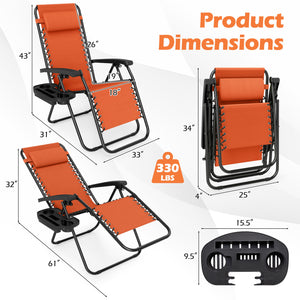 Portable Zero Gravity Chairs with Cup Holder Trays and Backrest-Orange