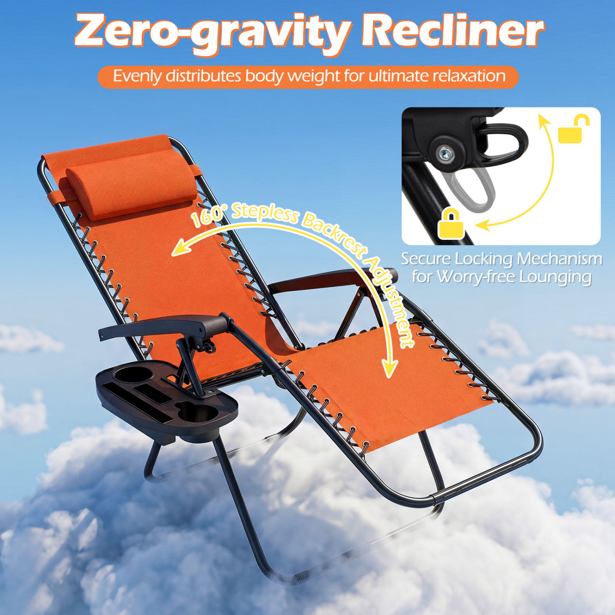 Portable Zero Gravity Chairs with Cup Holder Trays and Backrest-Orange