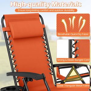 Portable Zero Gravity Chairs with Cup Holder Trays and Backrest-Orange