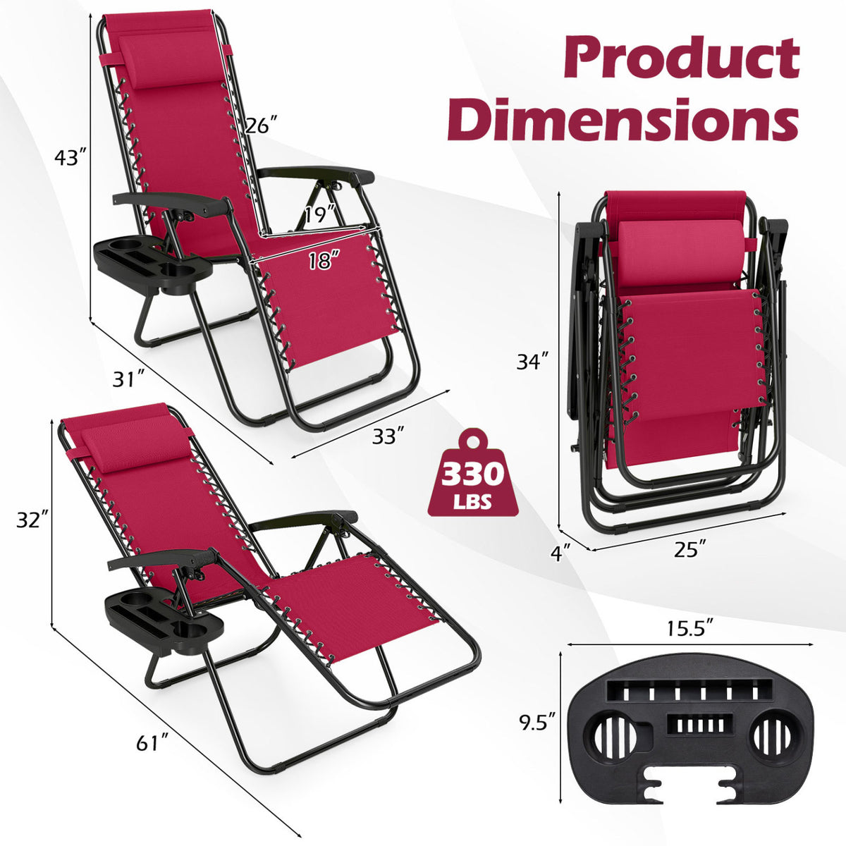 Portable Zero Gravity Chairs with Cup Holder Trays and Backrest Set of 2-Red