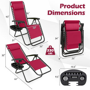 Portable Zero Gravity Chairs with Cup Holder Trays and Backrest Set of 2-Red