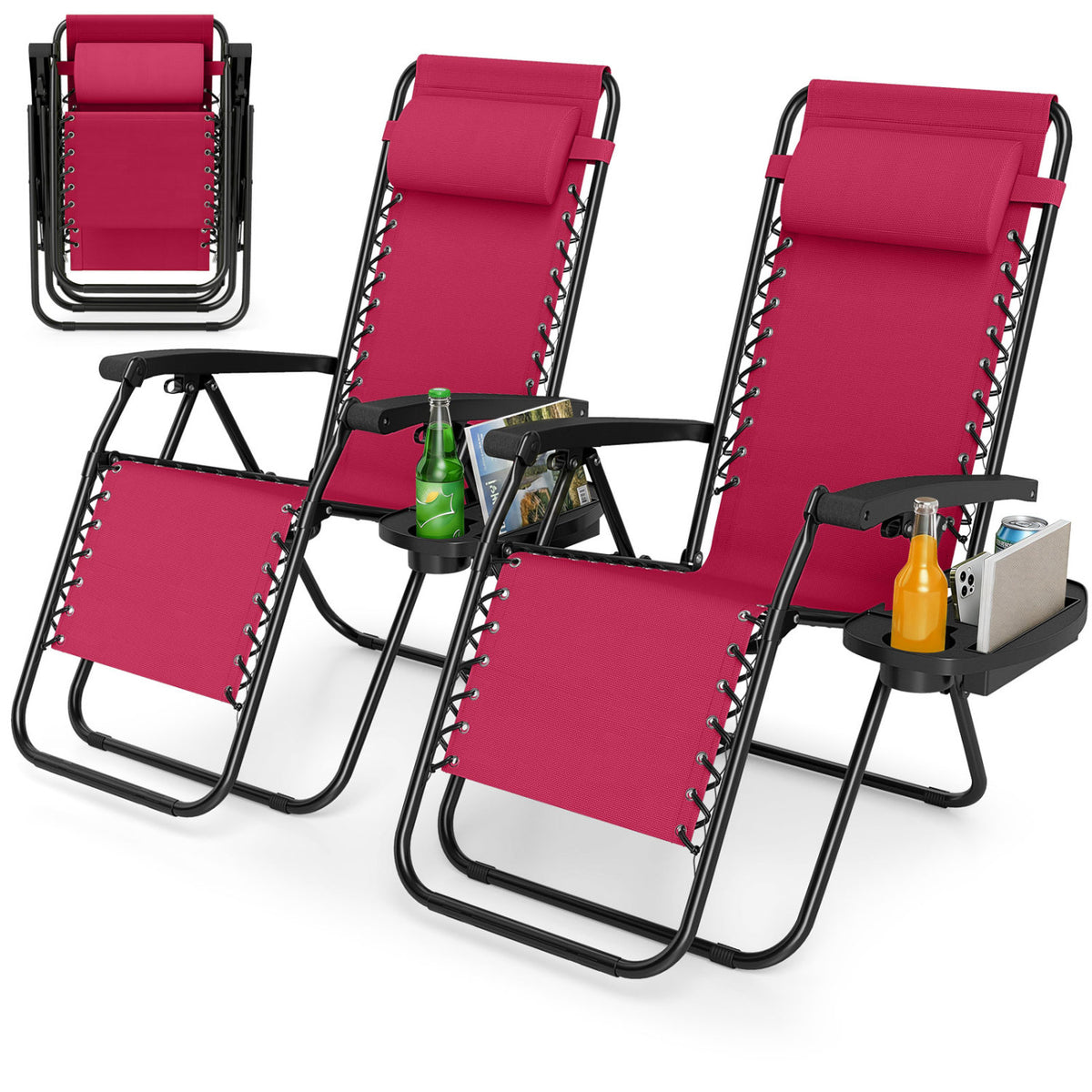Portable Zero Gravity Chairs with Cup Holder Trays and Backrest Set of 2-Red