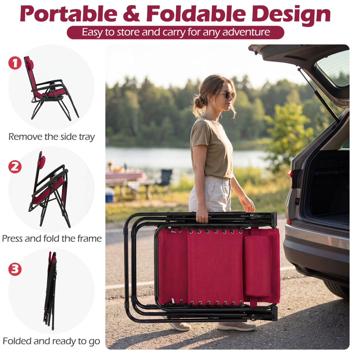 Portable Zero Gravity Chairs with Cup Holder Trays and Backrest Set of 2-Red