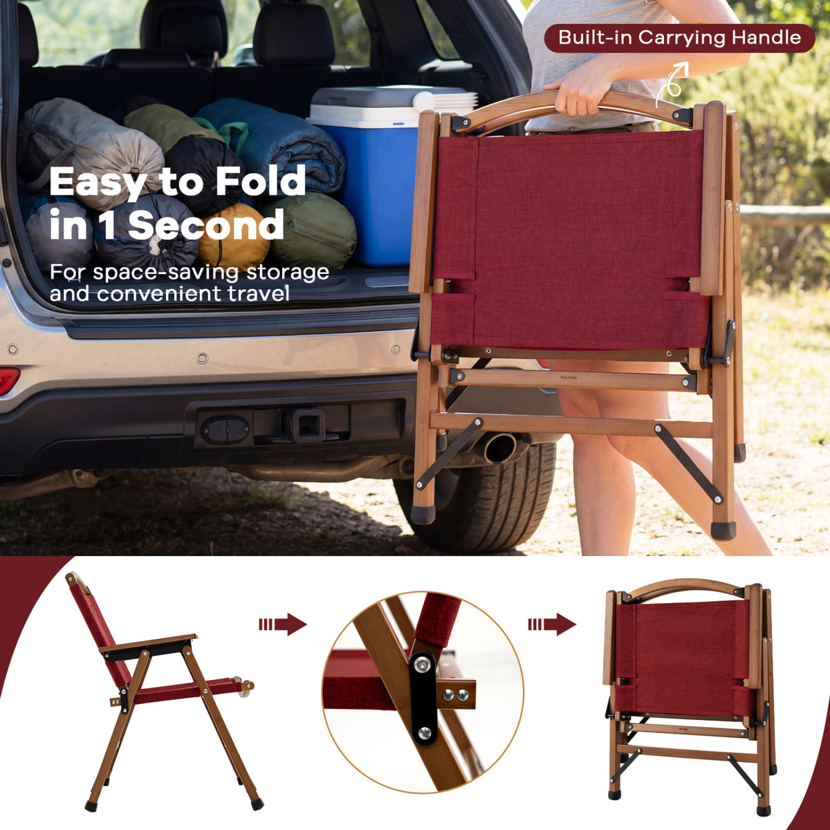 Portable and Lightweight Folding Camping Chair for Patio Picnic Leisure Fishing Travel Beach-Red