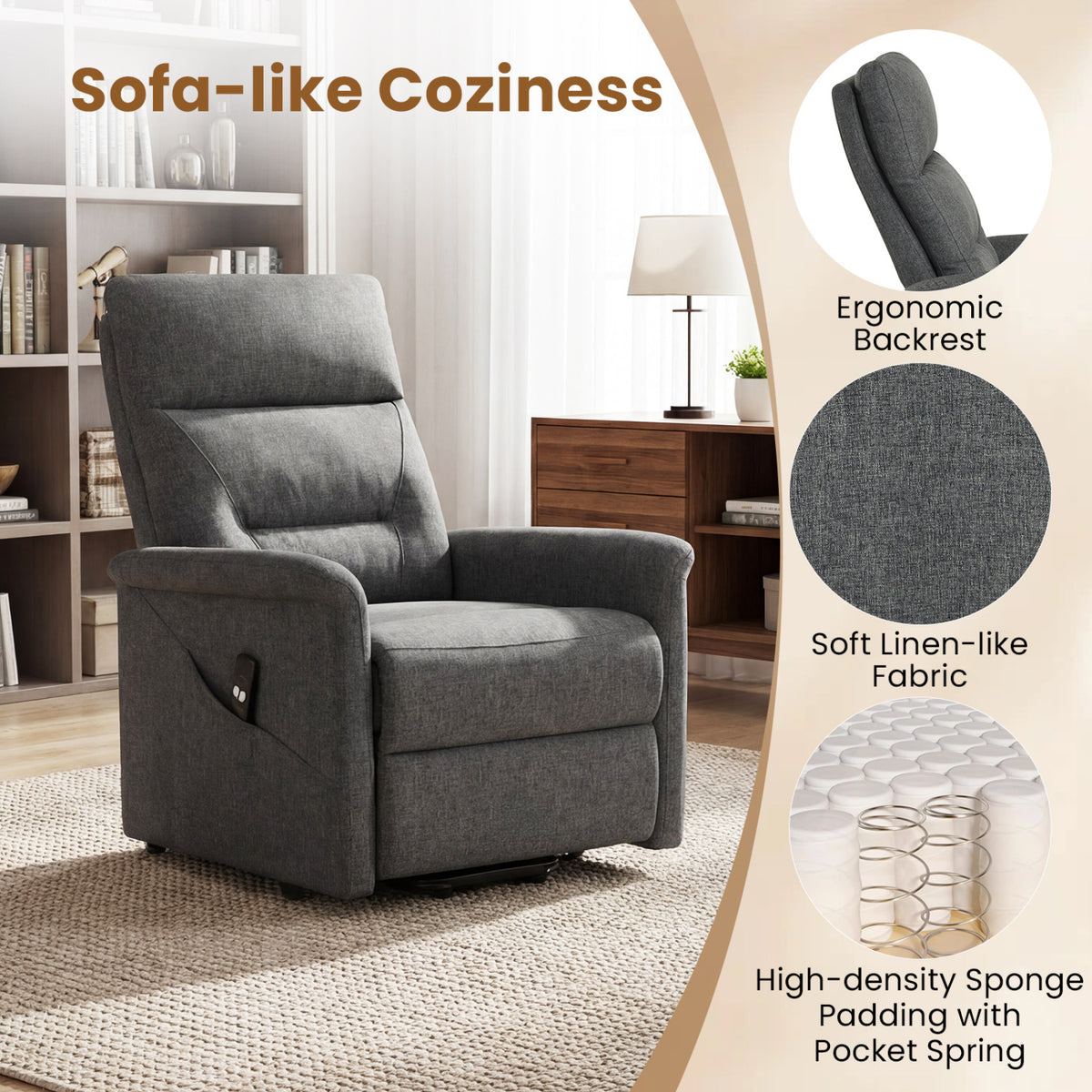 Power Lift Recliner Chair for Elderly with Remote Control and Side Storage Pocket-Gray